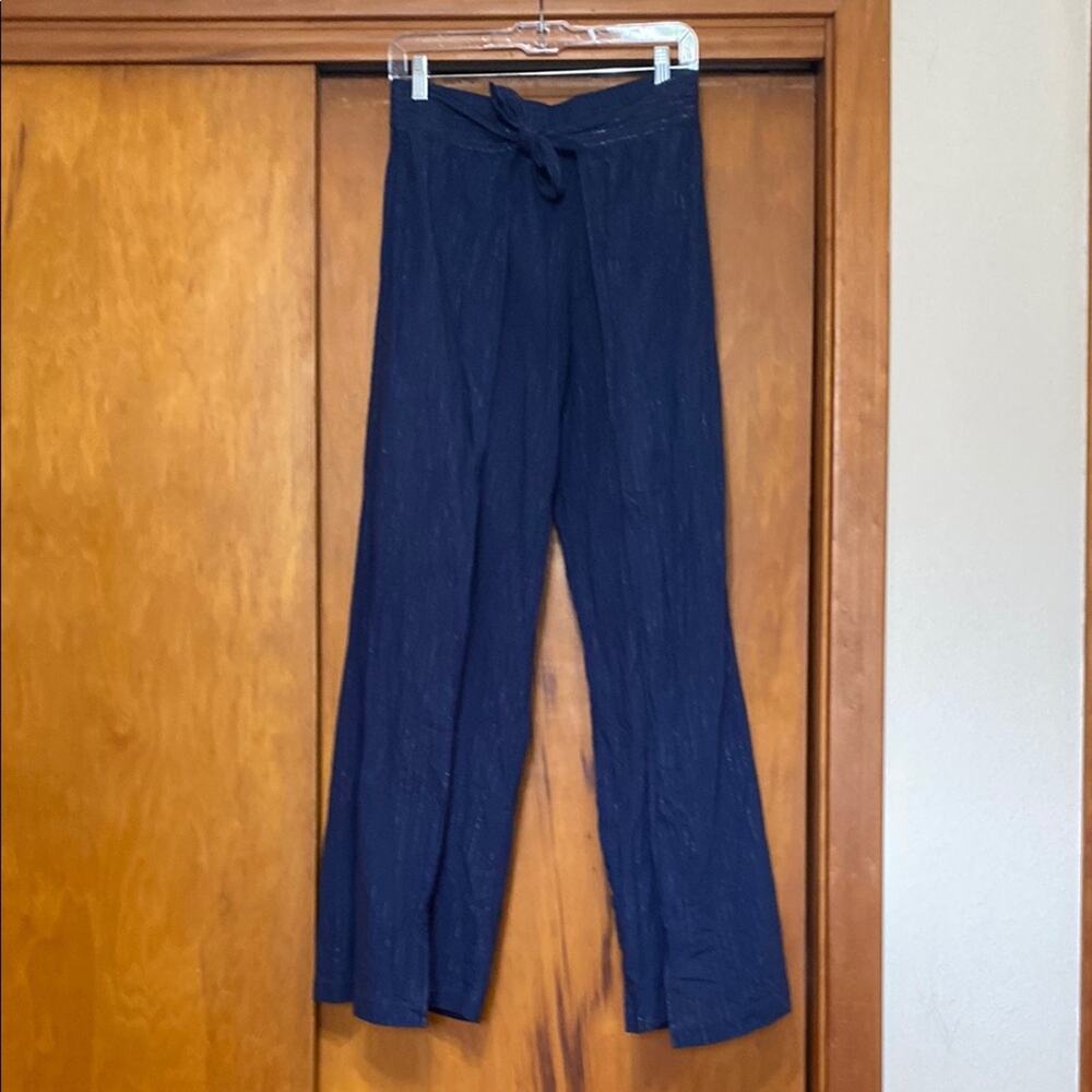 NWT Anthropologie Blue Cotton Pants Metallic Gold Pinstripes Open Leg Airy Flow